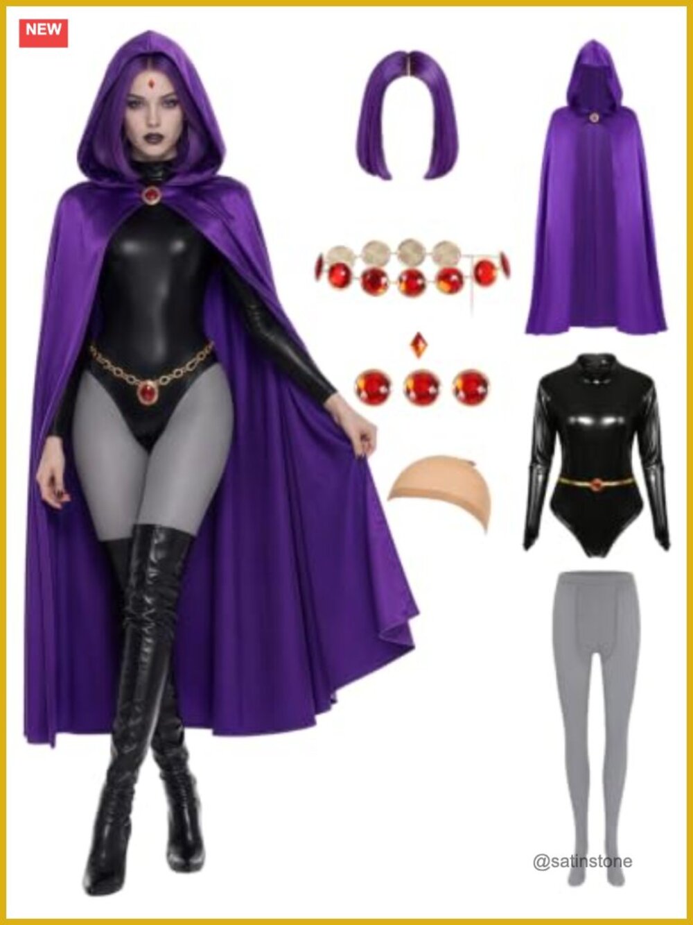 Adult Halloween Costume Hooded Cape Wig Bodysuit Belt Cosplay Outfit